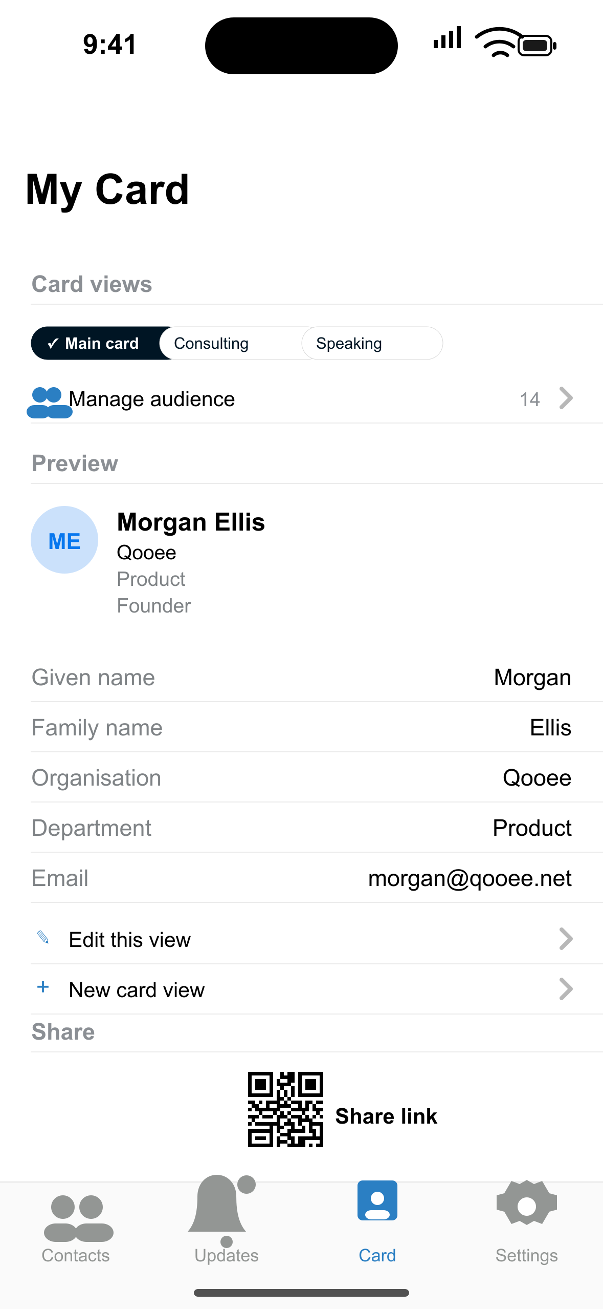 Qooee Contacts My Card screen on iPhone