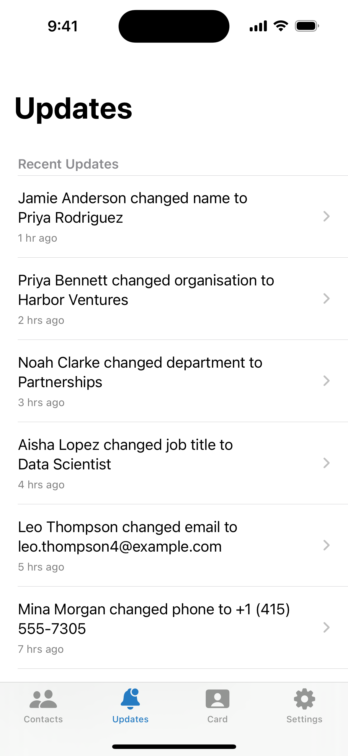 Qooee Contacts updates and requests screen on iPhone