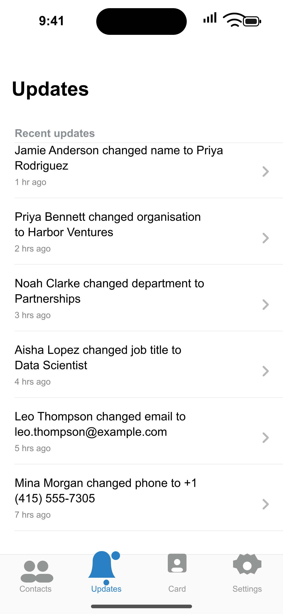 Qooee Contacts updates and requests screen on iPhone